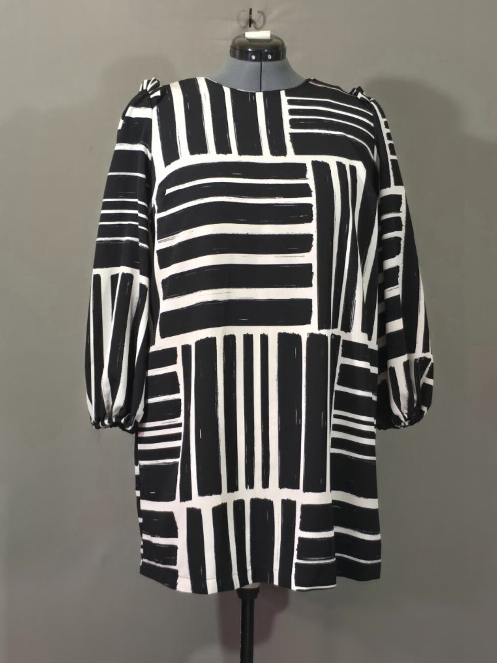 Eloquii Puff Sleeve Shift Dress Womens 16 Black White Geometric Plus Work